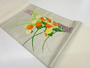 リサイクル　野菊に短冊・藤・撫子模様織出し開き名古屋帯（額縁仕立て）